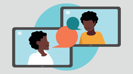 Vektor-Illustration von zwei Tablet-PCs mit Menschen, die miteinander kommunizieren - Business-Konzept