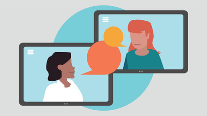 Vektor-Illustration von zwei Tablet-PCs mit Menschen, die miteinander kommunizieren - Business-Konzept