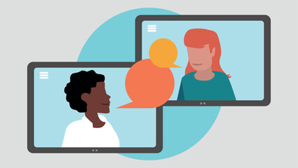 Vektor-Illustration von zwei Tablet-PCs mit Menschen, die miteinander kommunizieren - Business-Konzept