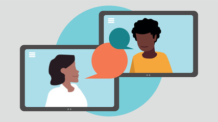 Vektor-Illustration von zwei Tablet-PCs mit Menschen, die miteinander kommunizieren - Business-Konzept