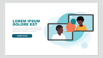 Vektor-Illustration von zwei Tablet-PCs mit Menschen, die miteinander kommunizieren - Business-Konzept