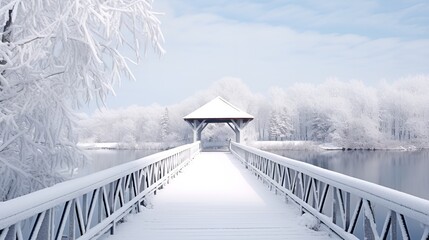 A snow,covered bridge over a serene frozen river , snow,covered bridge, serene, frozen river.