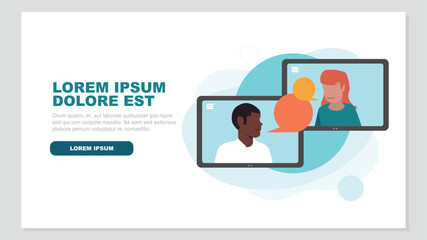 Vektor-Illustration von zwei Tablet-PCs mit Menschen, die miteinander kommunizieren - Business-Konzept