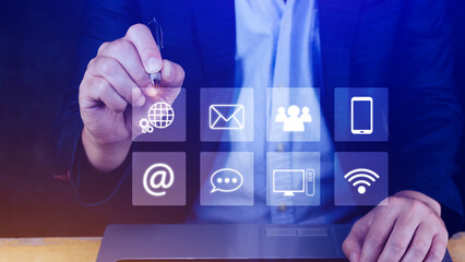 Businessman touching Global network connection digital business hologram, Options for Contact and business intelligence concept, Infograph, technology.