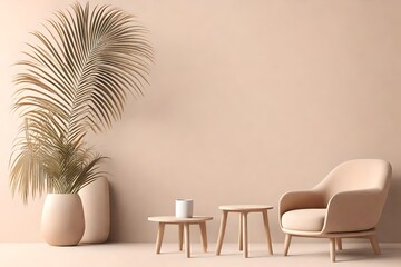 Warm neutral interior wall mockup in soft minimalist living room with rounded beige armchair, wooden side table and palm leaf in vase. Illustration, 3d rendering