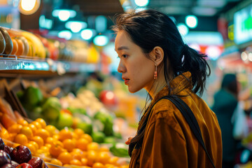 Thoughtful young woman shopping for fresh fruits in vibrant market. High-resolution lifestyle image, perfect for ads.