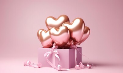 Golden heart shaped balloons in a pink box