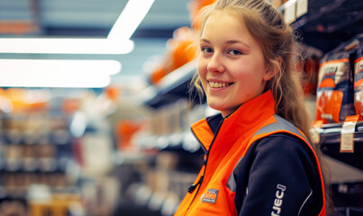 Friendly retail worker smiling in store aisle, wearing branded vest, customer service concept.