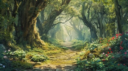 A beautiful fairytale enchanted forest with big trees and great vegetation. Digital painting background. - obrazy, fototapety, plakaty