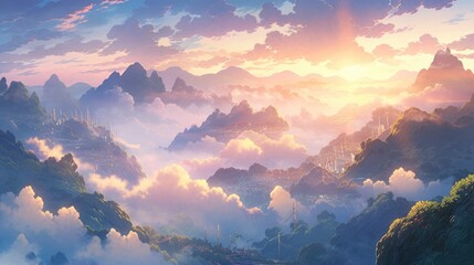 An enchanting anime landscape of a mist-covered mountain range during sunrise - obrazy, fototapety, plakaty