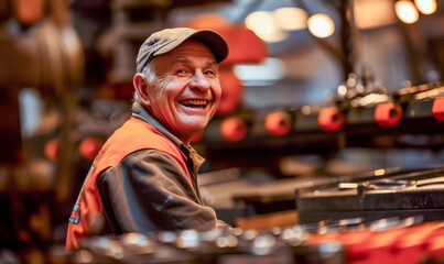 Joyful senior worker in a factory setting with machinery, showcasing experienced, happy labor.