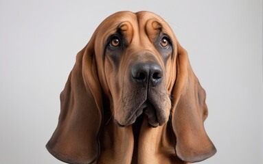 Rostro de perro de raza Bloodhound sobre fondo blanco - obrazy, fototapety, plakaty