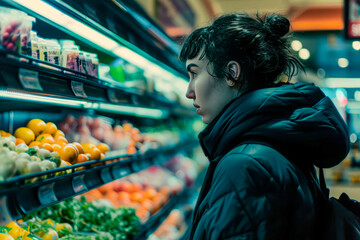Fototapeta na wymiar Woman shopping for fruits and vegetables in supermarket aisle, contemplating healthy food choices.