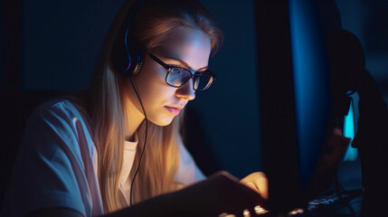 woman with headphones and glasses working on a computer, studying, focus, work 