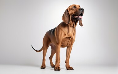 Perro de raza Bloodhound, de pie, sobre fondo blanco - obrazy, fototapety, plakaty