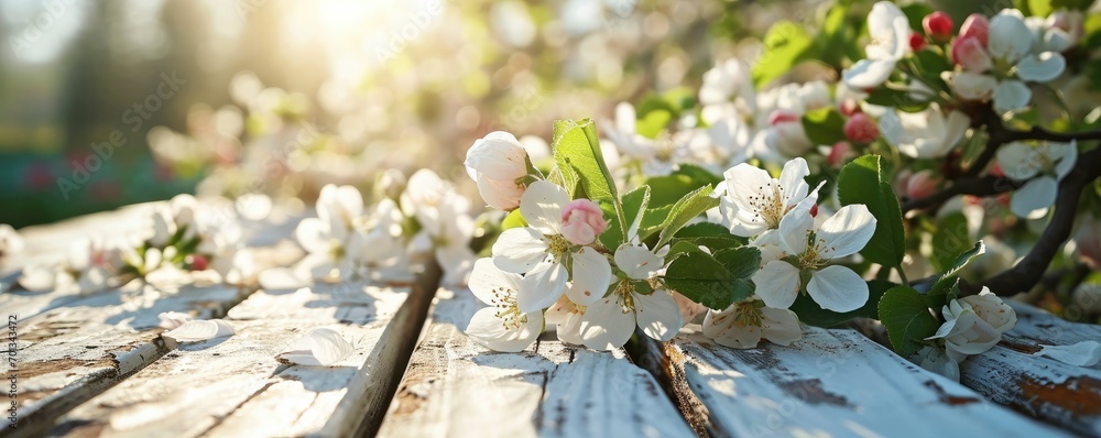 Wall mural spring background with white blossoms and white wooden table. spring apple garden on the background