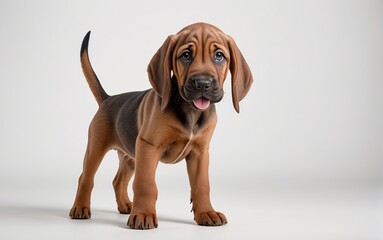 Cachorro de raza Bloodhound, de pie, sobre fondo blanco - obrazy, fototapety, plakaty