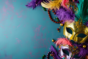 Colourful mardi gras beads, feathers and carnival masks on blue background with copy space