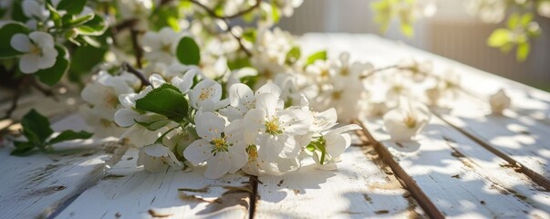 Spring background with white blossoms and white wooden table. Spring apple garden on the background