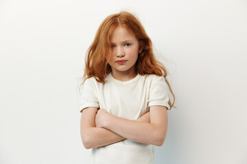 Fototapeta premium Sad face childhood girl kid unhappy person female children expression upset young portrait little