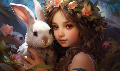 Beautiful girl with rabbit in a wreath of flowers. 3d rendering.