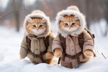 A pair of cats, equipped with backpacks, trek across snowy paths, echoing the design of plush dolls, portrayed in a photo that exudes artistry and a natural vibe