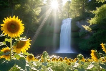 Sunlight-filtering-through-dense-trees-illuminating-a-serene-forest-waterfall-with-sunflowers-in-forest,waterfall-and-flowers