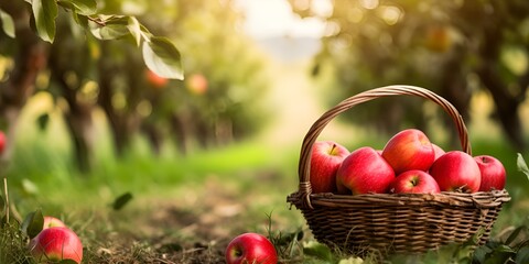An apple orchard with ripe apples and autumn foliage , apple orchard, ripe apples, autumn foliage.