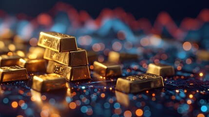 A stack of gold bars set against a backdrop of an investment graph, symbolizing wealth growth, generative ai