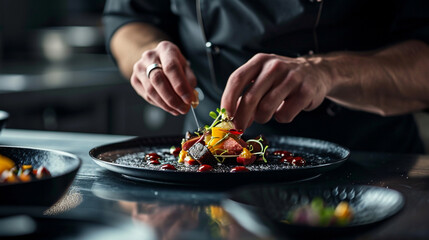 A gourmet chef carefully arranges an elegant, expensive dish on a dark black plate. The dish is a...