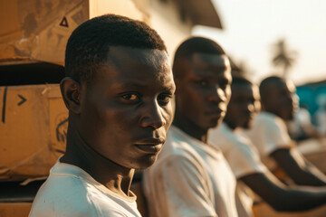Intense portrait of African men with a contemplative gaze, warm sunlight bathing their faces, conveying emotion and depth.