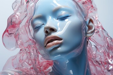 Cobalt body, pink face, liquid immersion, sci-fi aesthetic, detailed graphics, Asian influence, white & pink mix, lustrous shine, aurorapunk themes