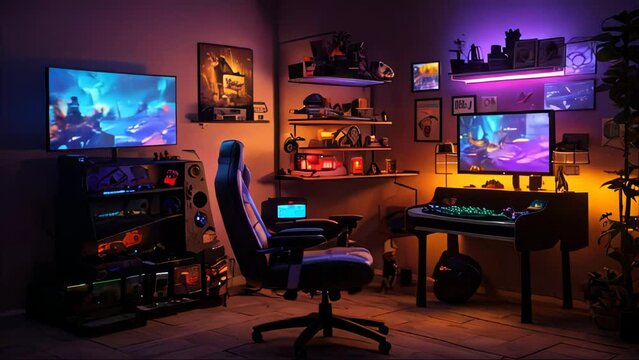 Gaming Haven: A Glowing Odyssey Through RGB Realms, A vibrant Gaming Room with a Massive PC Booming Speakers and a Full LED RGB Setup, Illuminated Diorama Delights, Gaming Room Setup
