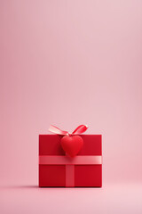 Red gift box with heart. Valentine's Day gift isolated on a pink background. Wallpaper with copy space, space for text, free space. Gift box design concept.