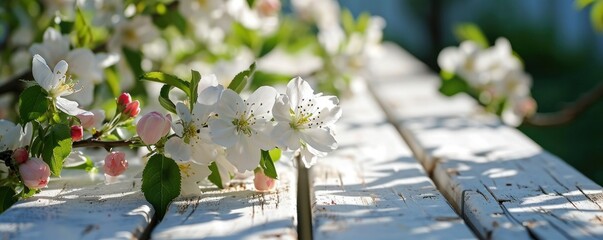 Spring background with white blossoms and white wooden table. Spring apple garden on the background - obrazy, fototapety, plakaty