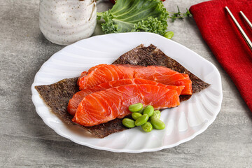 Sliced salmon sashimi in the plate