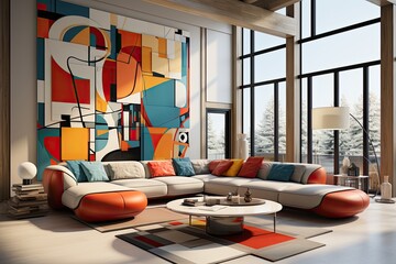 modern and cozy living room with furniture and a large abstract painting on the wall, Generate Ai