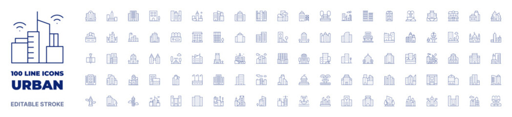 100 icons Urban collection. Thin line icon. Editable stroke. Urban icons for web and mobile app. - obrazy, fototapety, plakaty