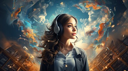 young woman wearing headphones smiles and stands in a public place. Listening to audiobooks concept. Generative AI