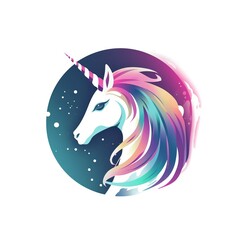 Psychedelic unicorn logo with minimalistic design with a round frame, subtle, glitchy effects, pixelated animation, white background color background