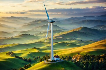 Sunset over Rolling Hills and Wind Turbine