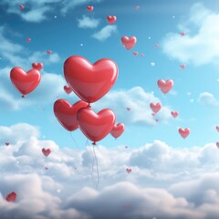 Flying heart balloons sky background