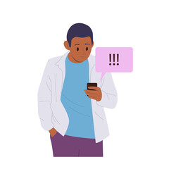 Man social media user cartoon character looking at smartphone seeing exclamation marks message