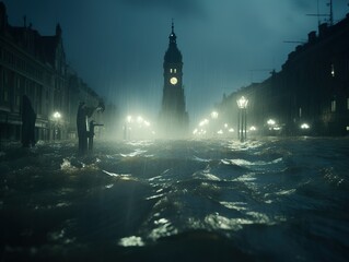 Flooded city concept. City flooded after hurricane. Generative AI.