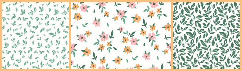 Seamless floral pattern, simple ditsy print with mini hand drawn botany in the collection. Pretty botanical design, ornament: small daisy flowers, sketch leaves on a white surface. Vector illustration © Yulya i Kot