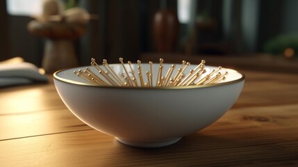 Bowl with acupuncture needles on wooden table.Generative AI