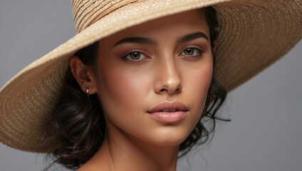 Close-up of a young woman with a broad smile and a straw hat, showcasing her flawless makeup and glowing skin.