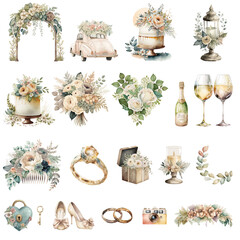 Wedding clipart, wedding icons, retro watercolor illustrations