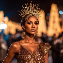 brown-skinned woman dressed in a radiant, golden gown that glimmers with sequins and reflective accents