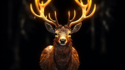 deer in the dark golden antlers glow 12k realistic.Generative AI